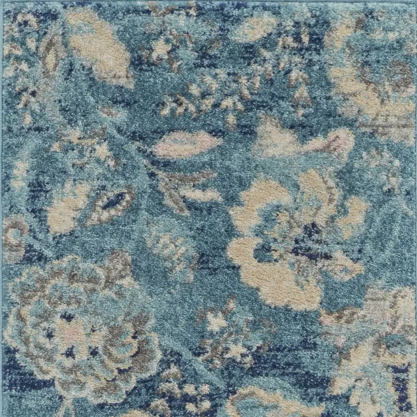 7' Turquoise Cream and Navy Blue Floral Distressed Runner Rug Photo 8