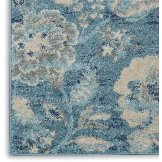 7' Turquoise Cream and Navy Blue Floral Distressed Runner Rug Photo 8