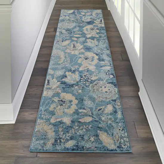 7' Turquoise Cream and Navy Blue Floral Distressed Runner Rug Photo 5