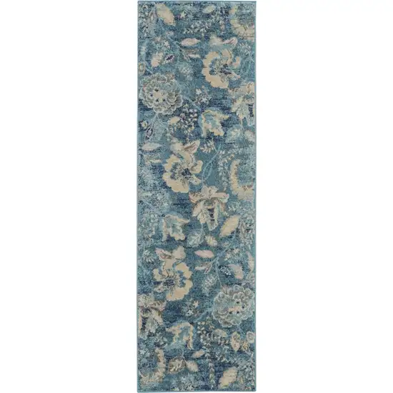 7' Turquoise Cream and Navy Blue Floral Distressed Runner Rug Photo 1