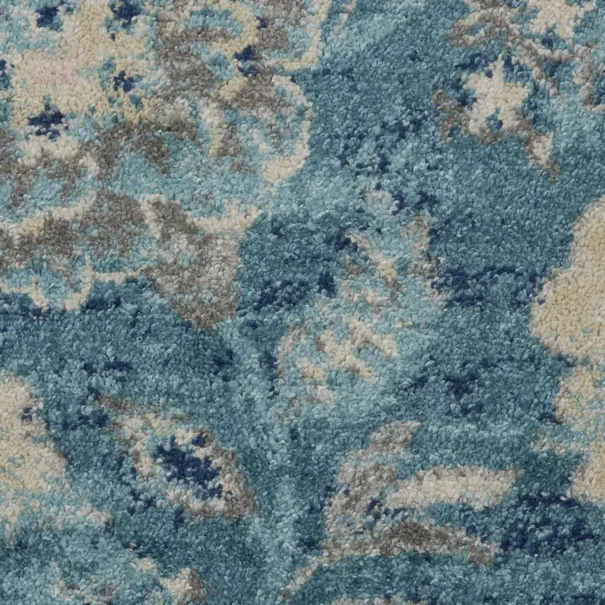 7' Turquoise Cream and Navy Blue Floral Distressed Runner Rug Photo 6