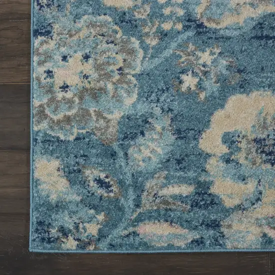 7' Turquoise Cream and Navy Blue Floral Distressed Runner Rug Photo 9