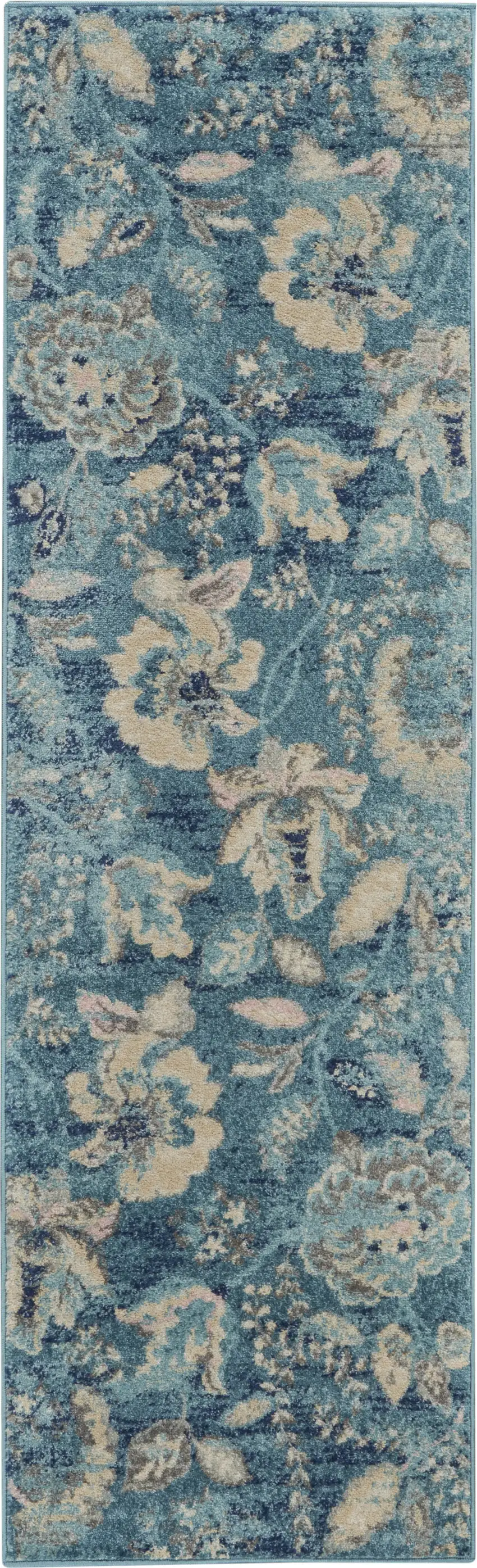 7' Turquoise Cream and Navy Blue Floral Distressed Runner Rug Photo 2