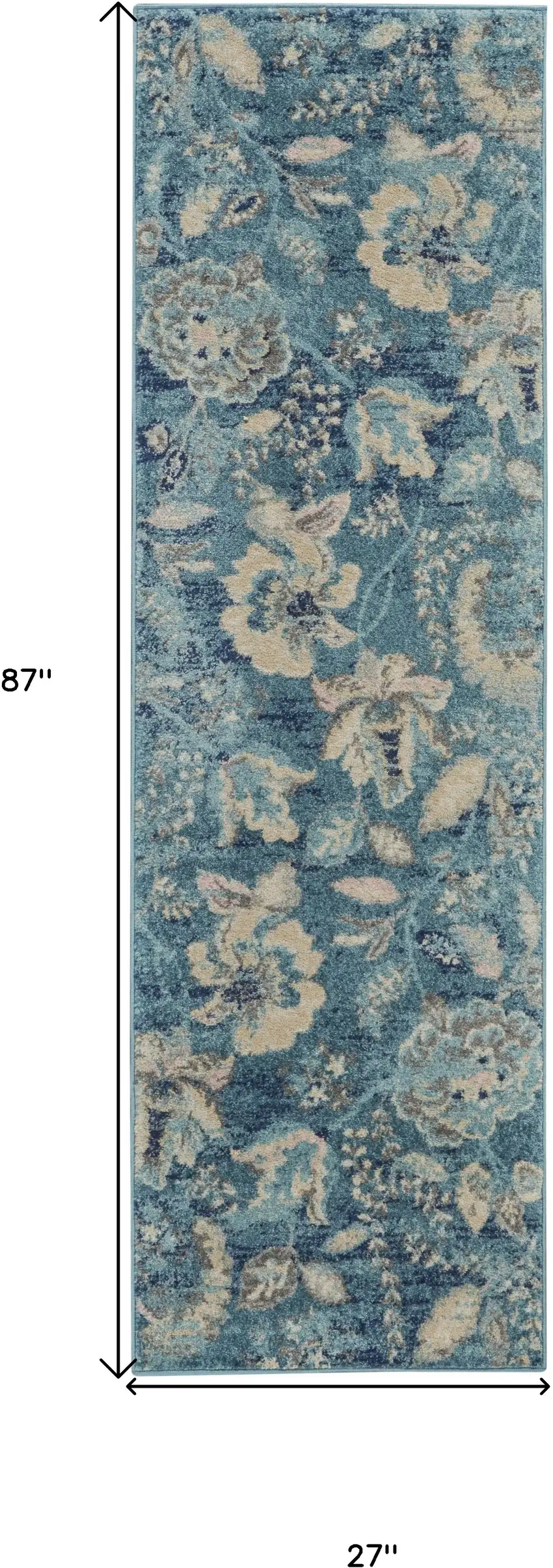 7' Turquoise Cream and Navy Blue Floral Distressed Runner Rug Photo 3