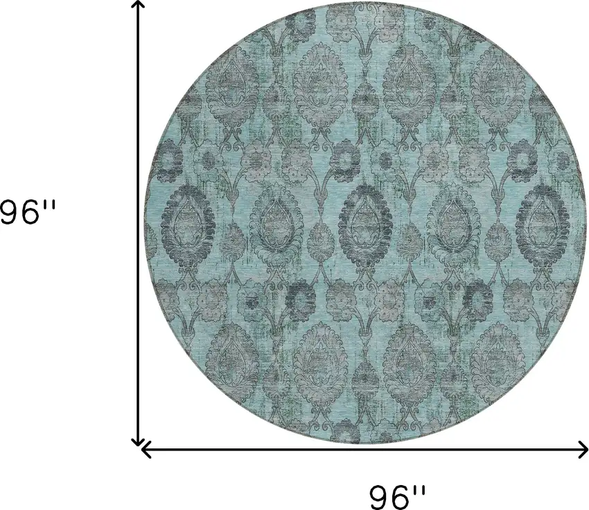 8' Turquoise Gray And Charcoal Round Damask Washable Indoor Outdoor Area Rug Photo 3