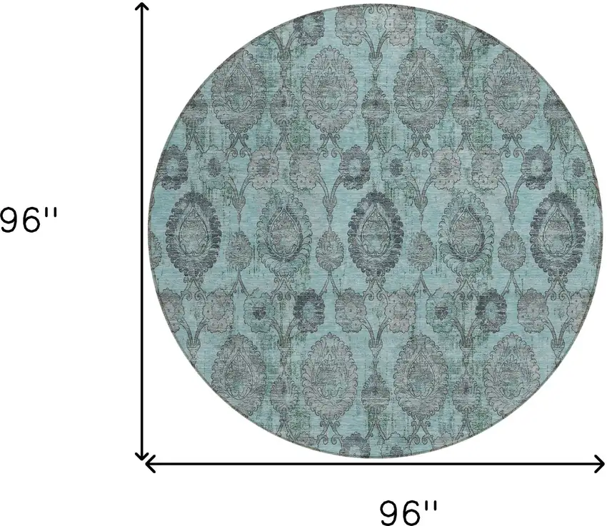 8' Turquoise Gray And Charcoal Round Damask Washable Indoor Outdoor Area Rug Photo 3