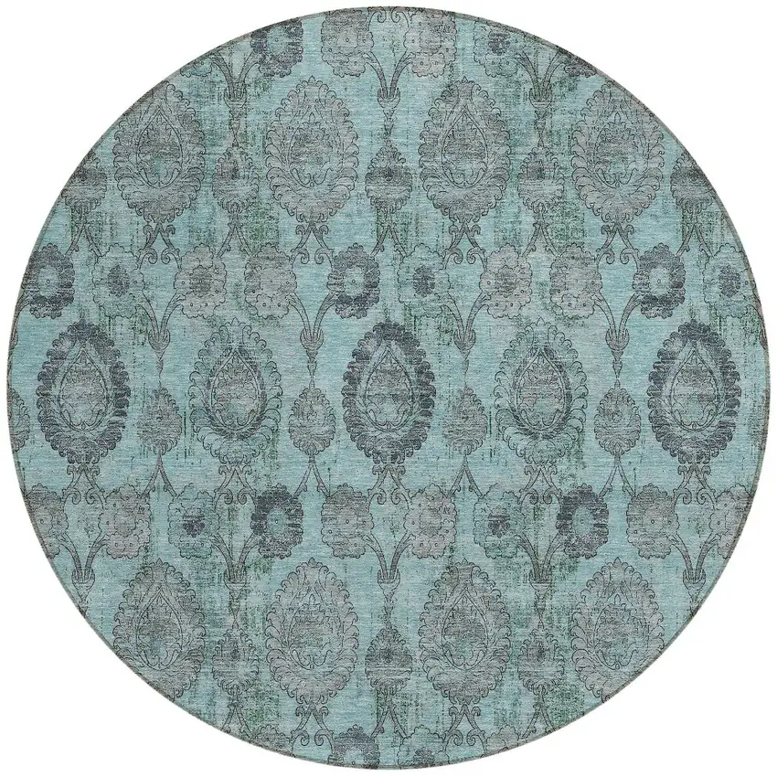 8' Turquoise Gray And Charcoal Round Damask Washable Indoor Outdoor Area Rug Photo 7
