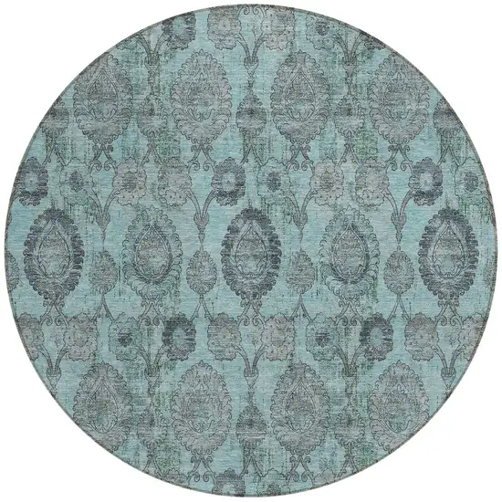 8' Turquoise Gray And Charcoal Round Damask Washable Indoor Outdoor Area Rug Photo 7