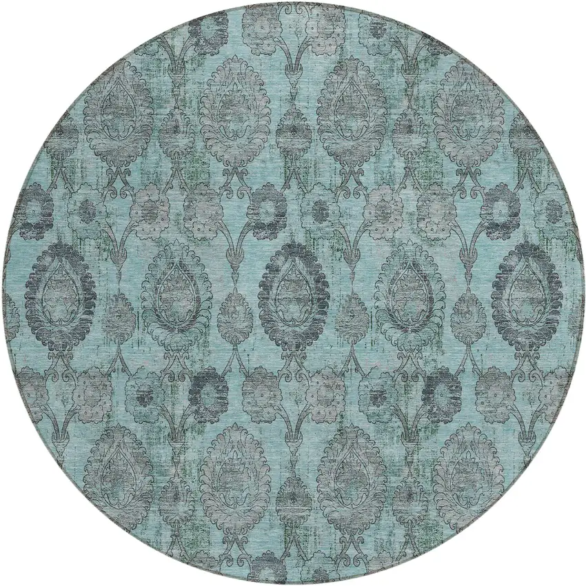 8' Turquoise Gray And Charcoal Round Damask Washable Indoor Outdoor Area Rug Photo 2
