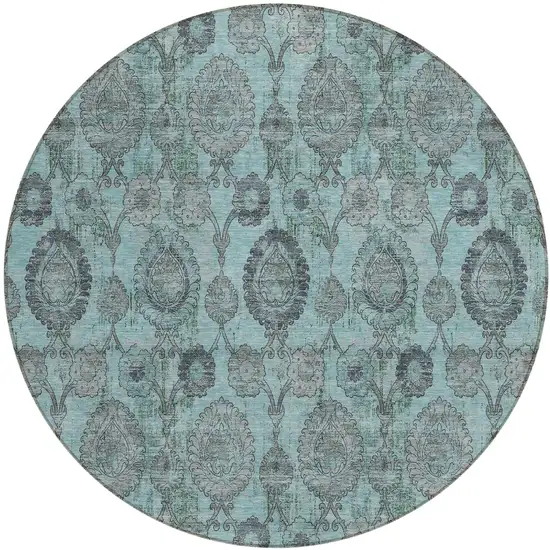 8' Turquoise Gray And Charcoal Round Damask Washable Indoor Outdoor Area Rug Photo 2