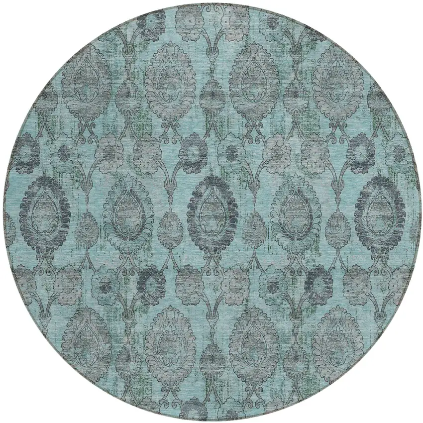 8' Turquoise Gray And Charcoal Round Damask Washable Indoor Outdoor Area Rug Photo 2