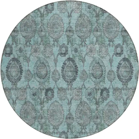 8' Turquoise Gray And Charcoal Round Damask Washable Indoor Outdoor Area Rug Photo 2