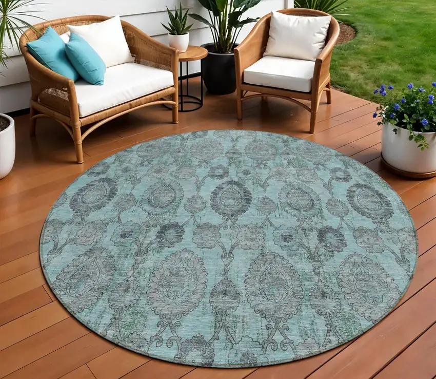 8' Turquoise Gray And Charcoal Round Damask Washable Indoor Outdoor Area Rug Photo 1
