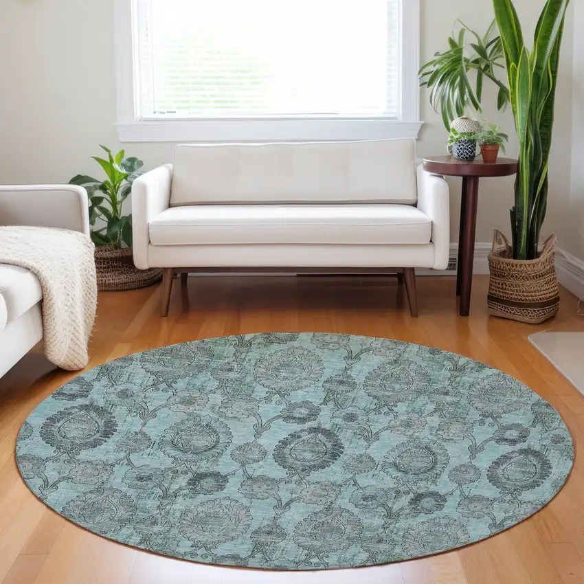 8' Turquoise Gray And Charcoal Round Damask Washable Indoor Outdoor Area Rug Photo 9