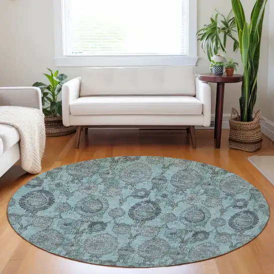8' Turquoise Gray And Charcoal Round Damask Washable Indoor Outdoor Area Rug Photo 9