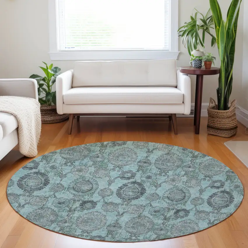 8' Turquoise Gray And Charcoal Round Damask Washable Indoor Outdoor Area Rug Photo 9