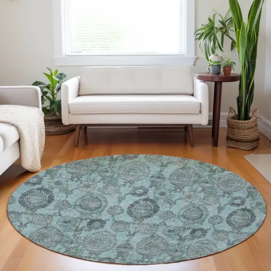 8' Turquoise Gray And Charcoal Round Damask Washable Indoor Outdoor Area Rug Photo 9