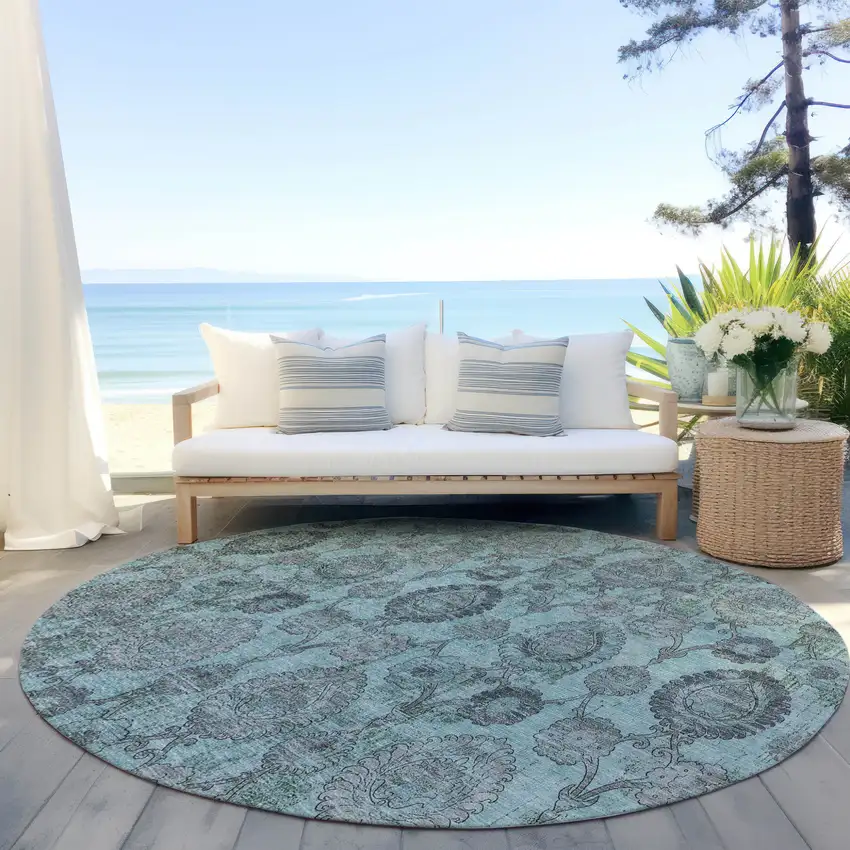 8' Turquoise Gray And Charcoal Round Damask Washable Indoor Outdoor Area Rug Photo 8
