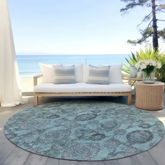 8' Turquoise Gray And Charcoal Round Damask Washable Indoor Outdoor Area Rug Photo 8