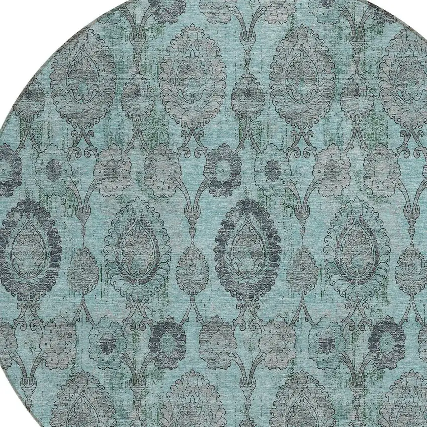 8' Turquoise Gray And Charcoal Round Damask Washable Indoor Outdoor Area Rug Photo 6