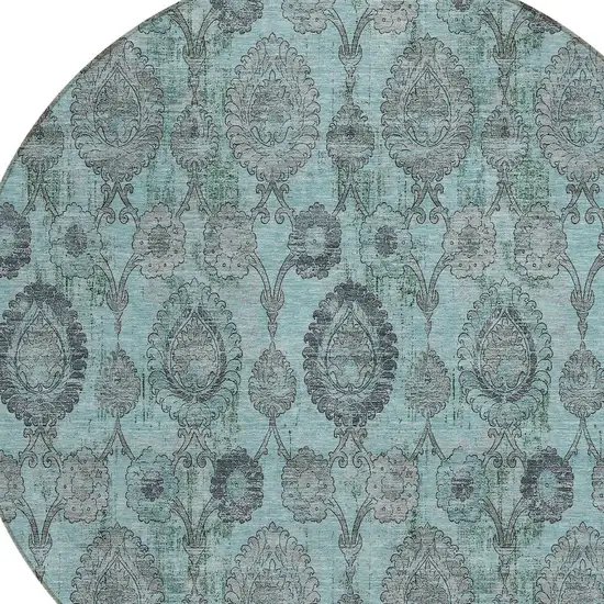 8' Turquoise Gray And Charcoal Round Damask Washable Indoor Outdoor Area Rug Photo 6