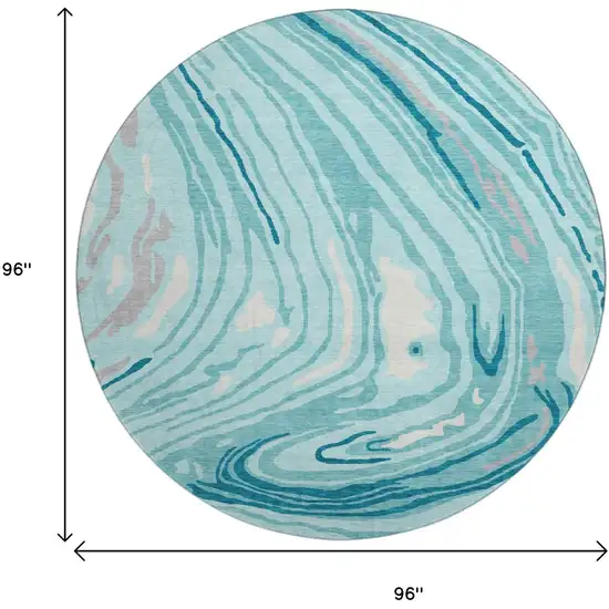 8' Turquoise Gray And Ivory Abstract Washable Round Rug With UV Protection Photo 9