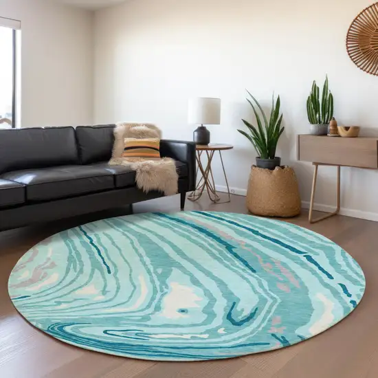 8' Turquoise Gray And Ivory Abstract Washable Round Rug With UV Protection Photo 4