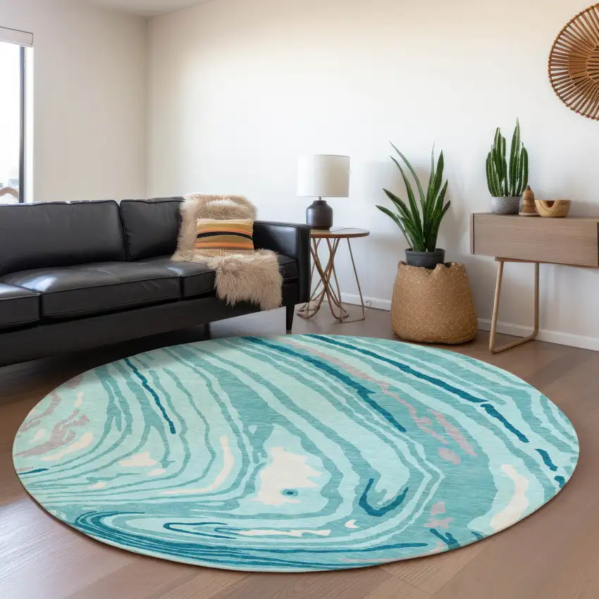 8' Turquoise Gray And Ivory Abstract Washable Round Rug With UV Protection Photo 4