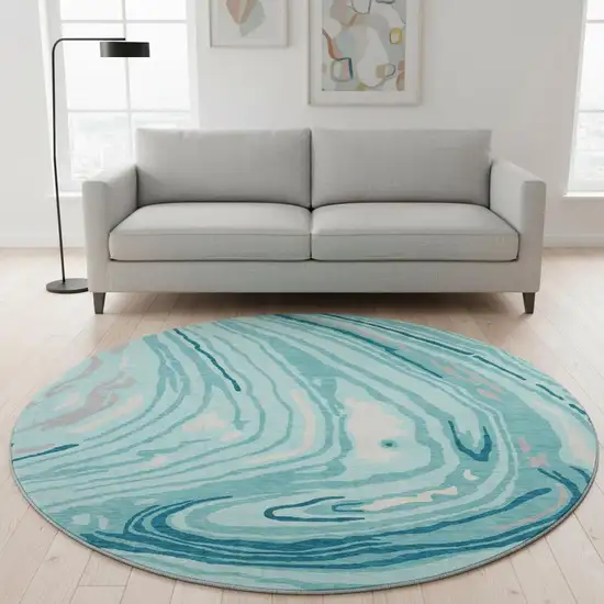 8' Turquoise Gray And Ivory Abstract Washable Round Rug With UV Protection Photo 2
