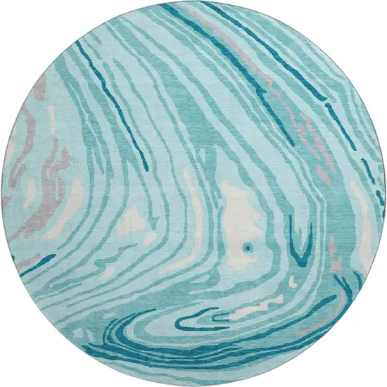 8' Turquoise Gray And Ivory Abstract Washable Round Rug With UV Protection Photo 1