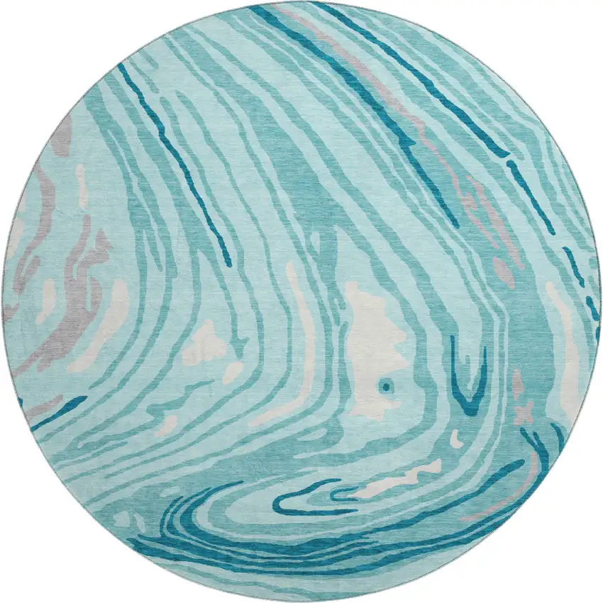 8' Turquoise Gray And Ivory Abstract Washable Round Rug With UV Protection Photo 1