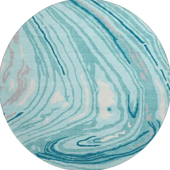 8' Turquoise Gray And Ivory Abstract Washable Round Rug With UV Protection Photo 3