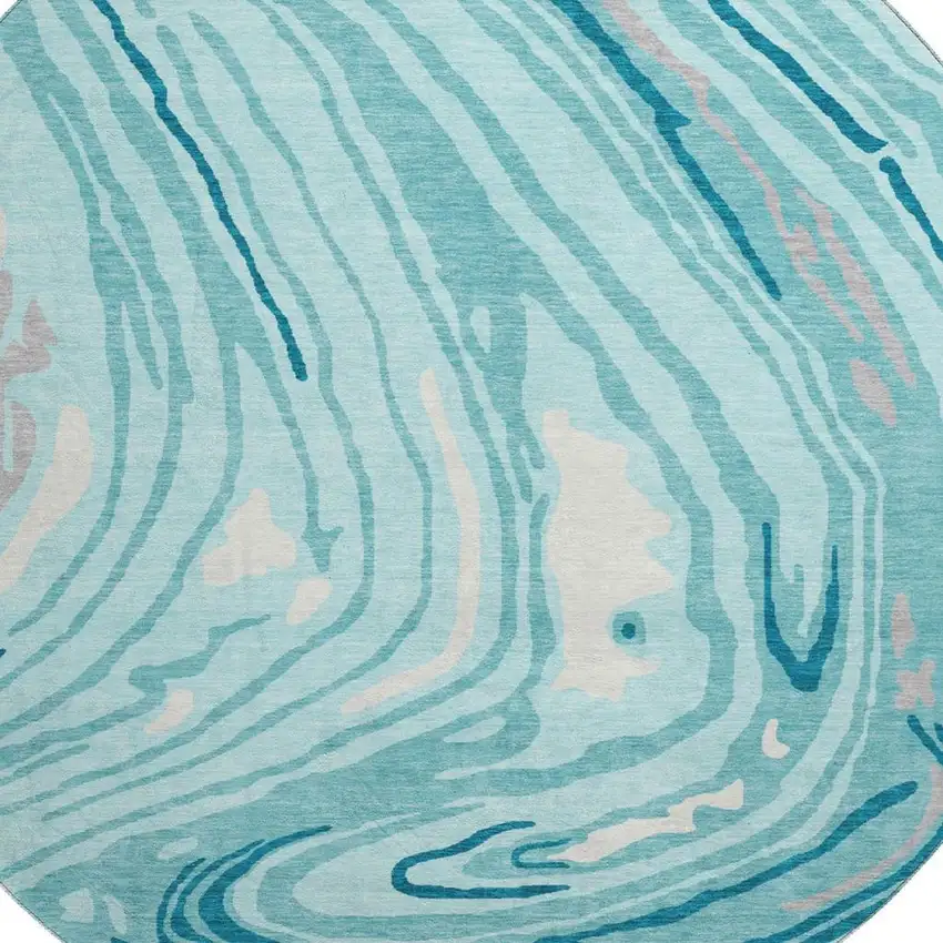 8' Turquoise Gray And Ivory Abstract Washable Round Rug With UV Protection Photo 2