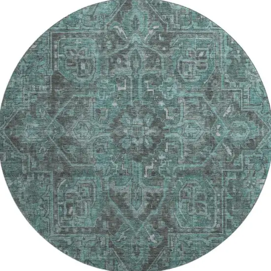 8' Turquoise Gray And Ivory Oriental Washable Round Rug With UV Protection Photo 4