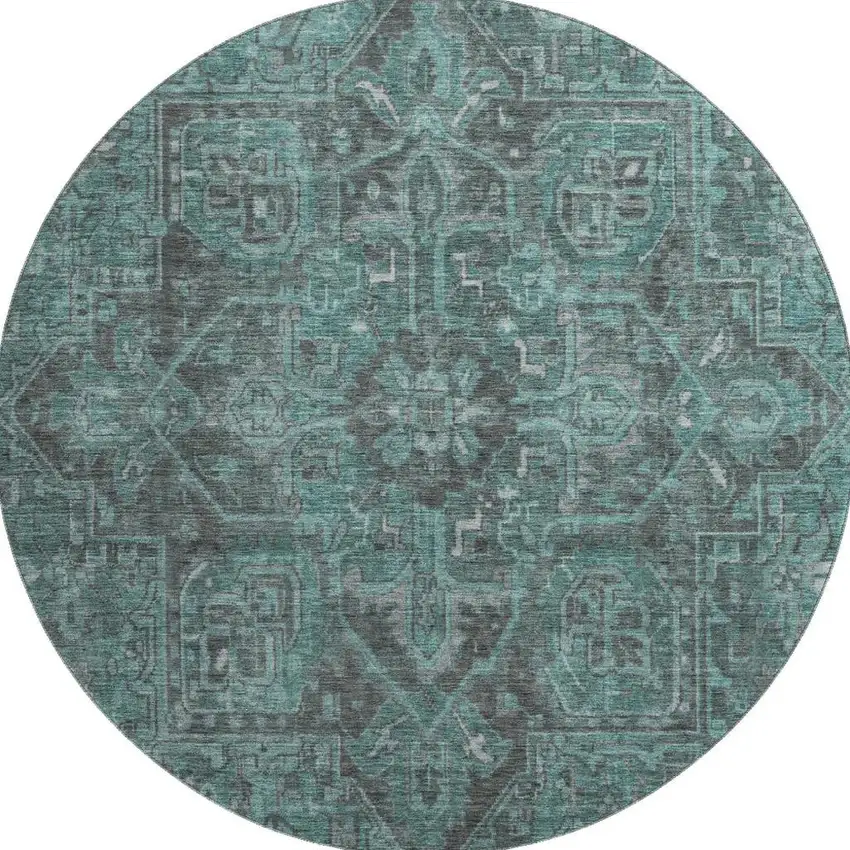 8' Turquoise Gray And Ivory Oriental Washable Round Rug With UV Protection Photo 4
