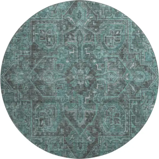 8' Turquoise Gray And Ivory Oriental Washable Round Rug With UV Protection Photo 1