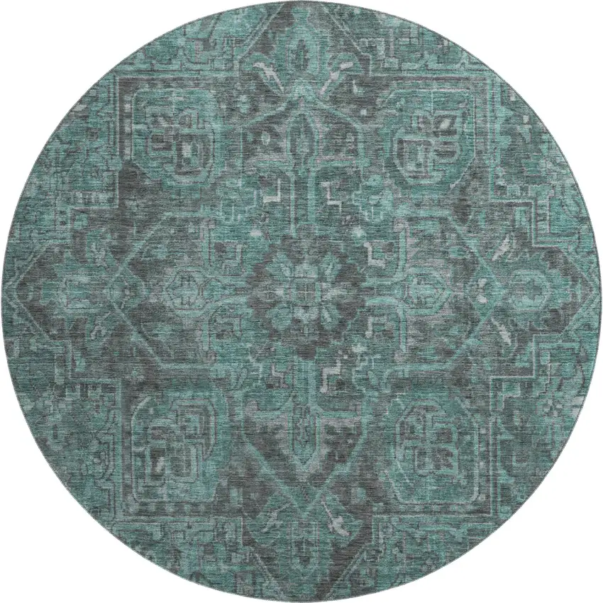 8' Turquoise Gray And Ivory Oriental Washable Round Rug With UV Protection Photo 1