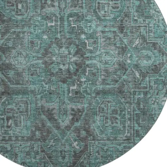 8' Turquoise Gray And Ivory Oriental Washable Round Rug With UV Protection Photo 3