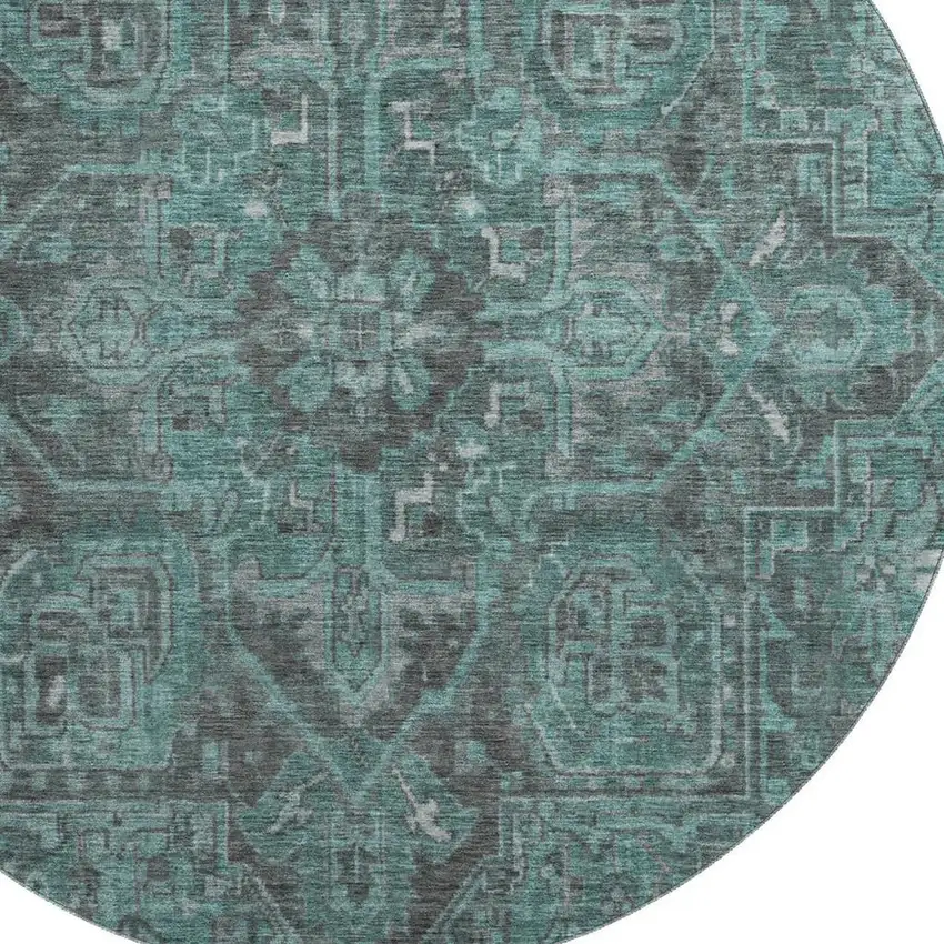 8' Turquoise Gray And Ivory Oriental Washable Round Rug With UV Protection Photo 3