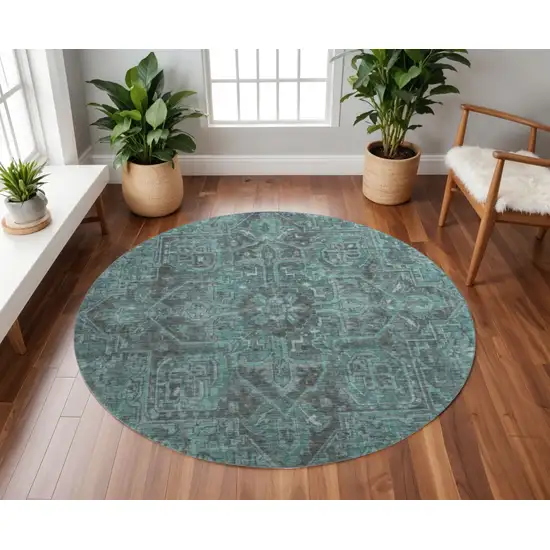 8' Turquoise Gray And Ivory Oriental Washable Round Rug With UV Protection Photo 2