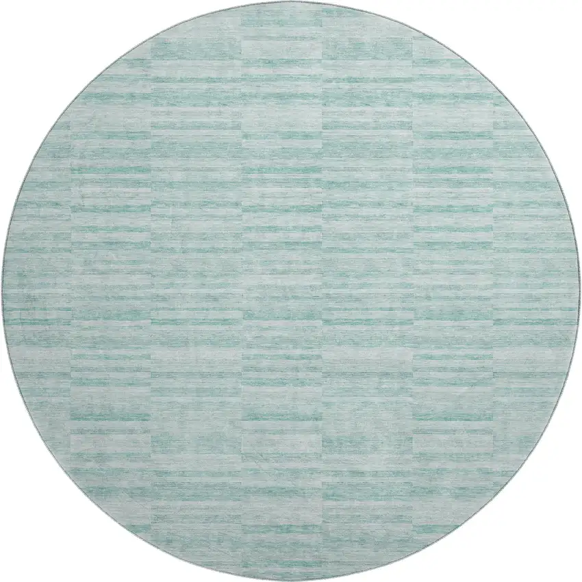 8' Turquoise Gray And Ivory Striped Washable Round Rug With UV Protection Photo 1