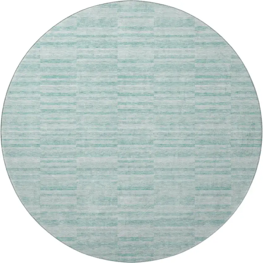 8' Turquoise Gray And Ivory Striped Washable Round Rug With UV Protection Photo 4