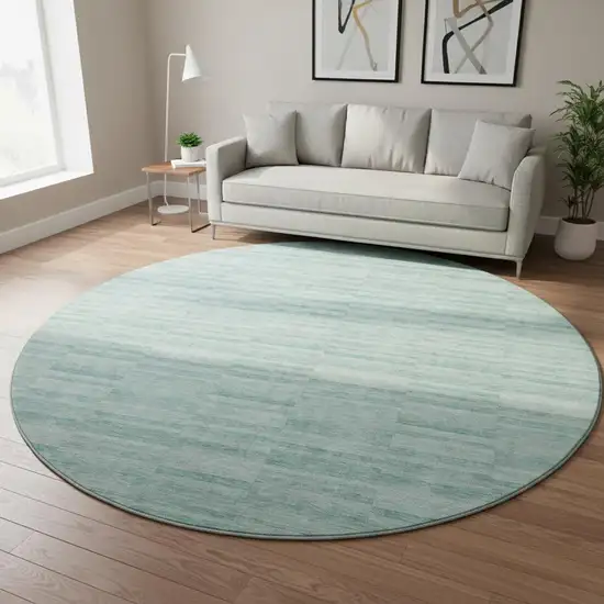 8' Turquoise Gray And Ivory Striped Washable Round Rug With UV Protection Photo 2