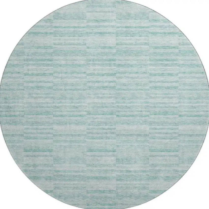 8' Turquoise Gray And Ivory Striped Washable Round Rug With UV Protection Photo 3