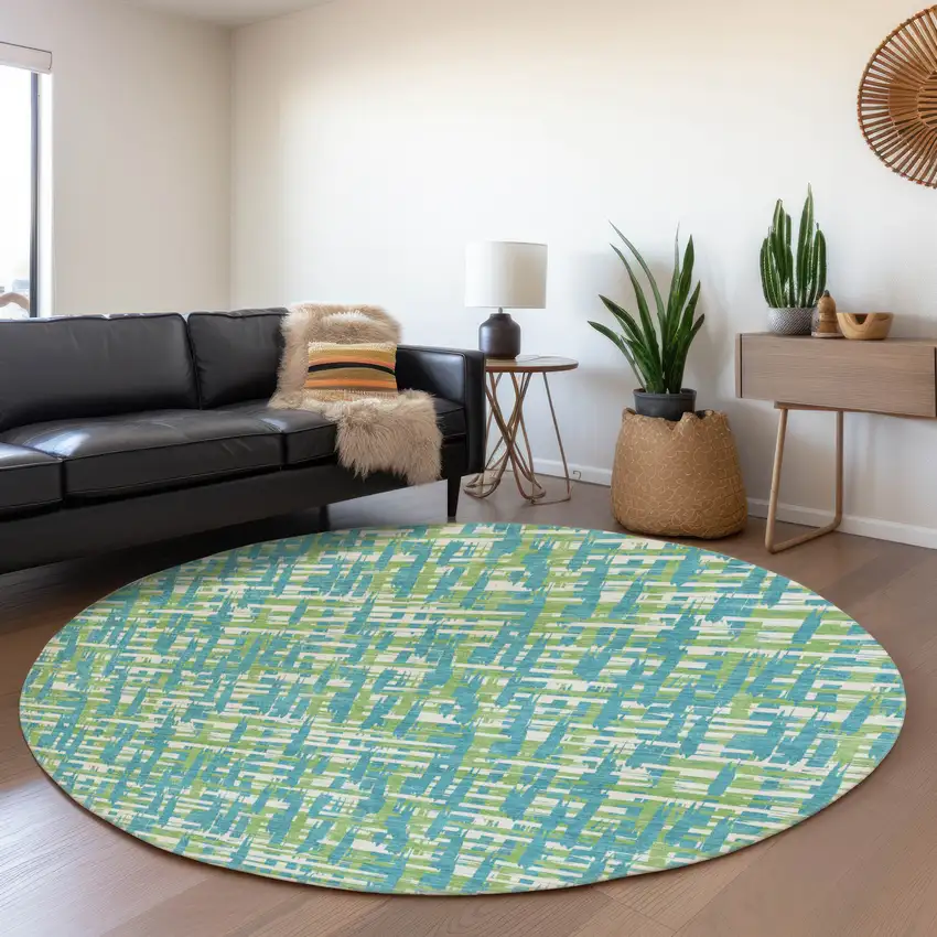8' Turquoise Green And Ivory Abstract Geometric Washable Round Rug With UV Protection Photo 4