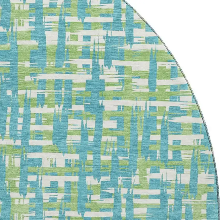 8' Turquoise Green And Ivory Abstract Geometric Washable Round Rug With UV Protection Photo 2