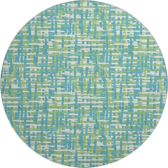 8' Turquoise Green And Ivory Abstract Geometric Washable Round Rug With UV Protection Photo 1