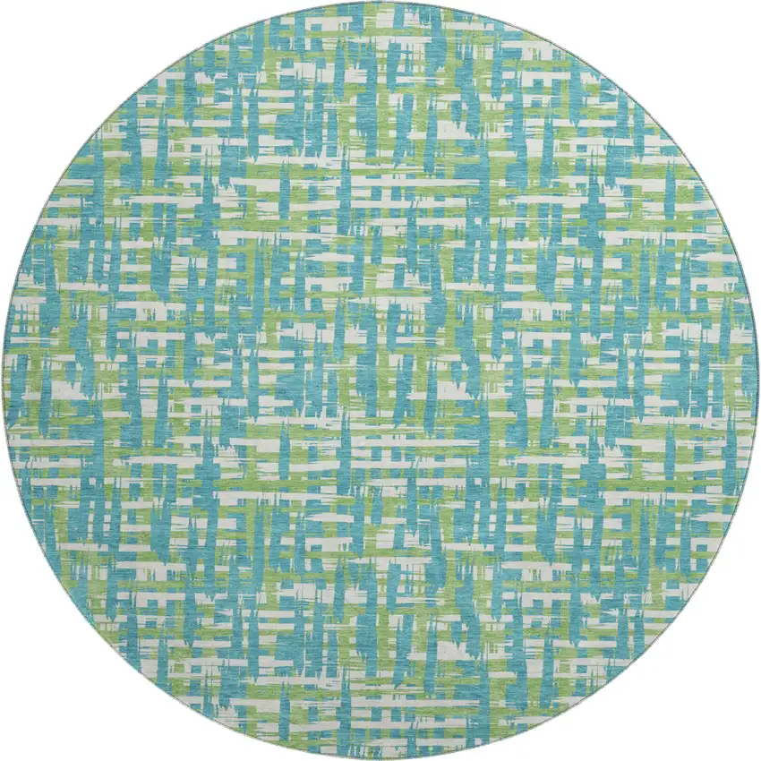 8' Turquoise Green And Ivory Abstract Geometric Washable Round Rug With UV Protection Photo 1