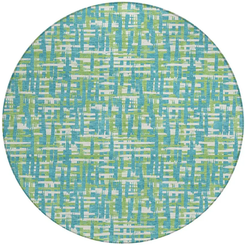 8' Turquoise Green And Ivory Round Abstract Washable Indoor Outdoor Area Rug Photo 7