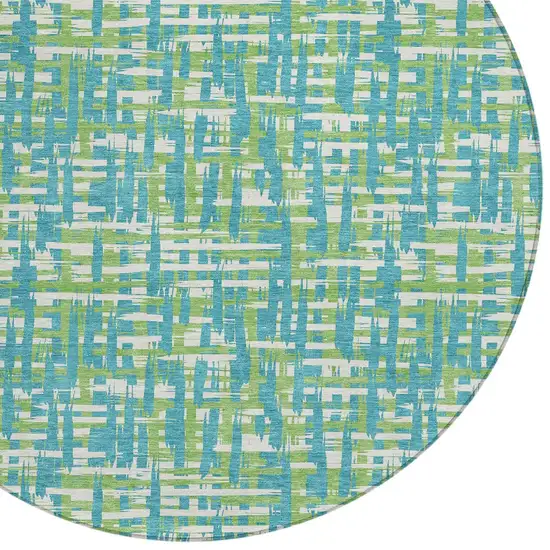 8' Turquoise Green And Ivory Round Abstract Washable Indoor Outdoor Area Rug Photo 6